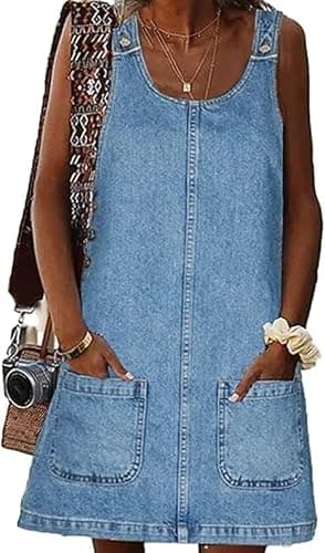 Image of MINTLIMIT Women's Sleeveless Overall Denim Dress Crewneck 2025 Vintage Loose Casual Jean Dress with Pockets Light Blue