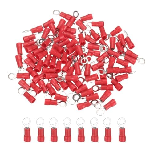 Image of sourcing map 100 Pcs RV1.25-4 Insulated Ring Electrical Wire Connectors Wire Terminals Wire Crimp Connector Kit 22-16 AWG for Electrical Projects Industrial Chemical Industry, Red