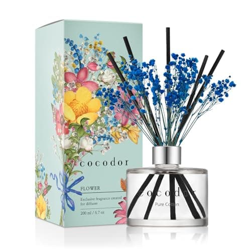 Image of [COCODOR/Pure Cotton] Flower Reed diffusers Oil with a Set of 5 Fiber Sticks, 200ml, Best for Home, Kitchen, Bathroom. Diffusers with sticks