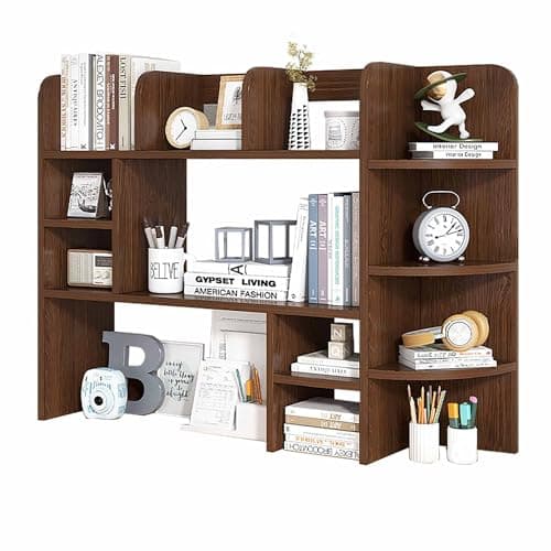 Image of SRDCAIM Corner desk hutch dorm Bookshelf Organizer desk hutch top only desk top shelf Free Standing Desk Storage Shelf for Home Office, Study, and Living Room(Brown)
