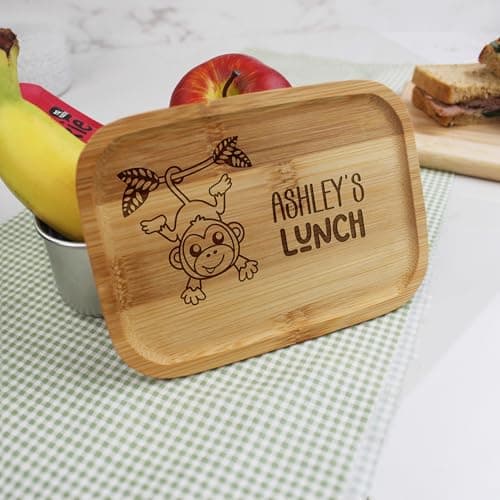 Image of eBuyGB Personalised Kids Lunch Box with Name, Metal School Lunch Box with Bamboo Lid & Cutlery, Childrens Snack Box with Monkey Design, Kids Back to School Gift