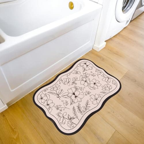 Image of KIUEZIR Bath Mat Non-Slip 40 x 60 cm, Anti Mould & Quick Drying Diatomite Material, Bathroom Rug with Vintage Floral Designs, Washable & Absorbent Bathroom Mat for Bathtub & Washing Table, Beige