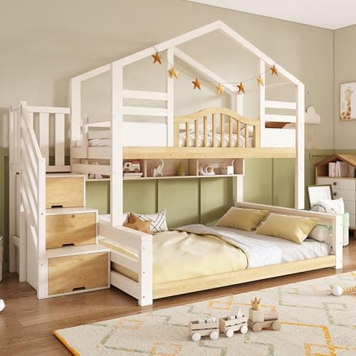 Image of SURUEO Bunk Beds for Kids, Staircase Bunk with Storage Space, Small House-shaped Children's Bed, Double Bunk Bed for Family with Multiple Children, (90+135) x 190 cm, Solid Wood, White & Natural