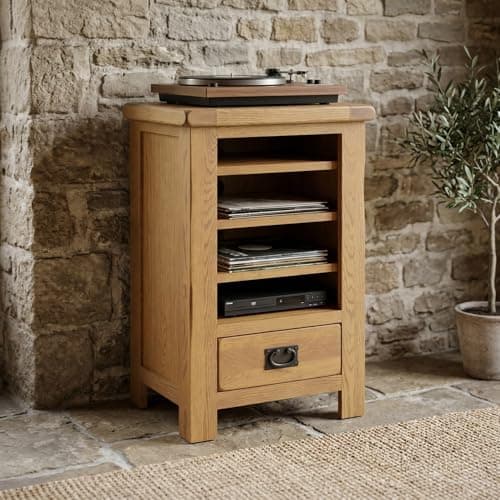 Image of The Furniture Market Rustic Oak Hi-Fi Media Stand – Solid Wood Entertainment Unit with Adjustable Shelves & Storage Drawer – Fully Assembled TV & Audio Rack - H 785 x W 530 x D 410mm