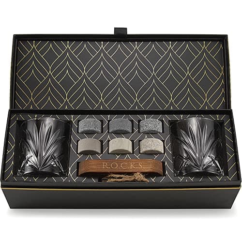 Image of Whiskey Chilling Stones Gift Set - 6 Handcrafted Premium Granite Round Sipping Rocks - 2 Crystal Glass Tumblers - Hardwood Presentation & Storage Tray - Elegant Gold Foil Gift Box by R.O.C.K.S.