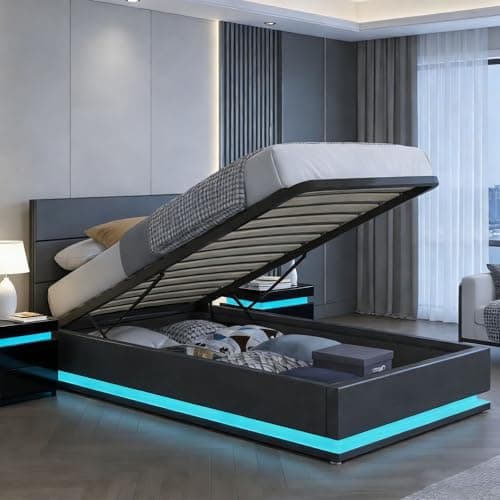 Image of BESTWANTED Gas Lift Ottoman Storage Bed,3FT Single Bed Frame with Storage, Ottoman Bed with LED Lights, Faux Leather, Black