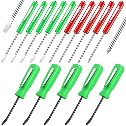 Image of 15 Pieces Pocket Screwdriver with Magnet Pocket Clips 2 Ends Mini Top Slotted and Cross Head Slotted Head with Magnet Top Mini Pry Bar Set,Green,Red