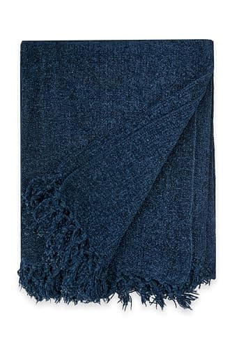 Image of Emma Barclay Throw Blanket For Sofas Bed Extra Large Soft Chenille Throws For Settees In Navy Throw Fleece Blankets - Darcy Collection 50" x 60" (127cm x 152cm) Navy