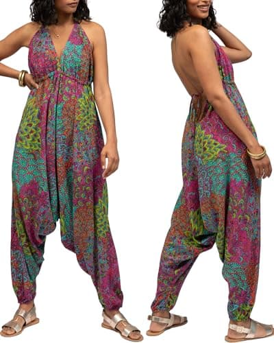 Image of likemary Jumpsuits for Women UK - Harem Jumpsuit All in One - Halter Neck Genie Romper with Pockets - Sexy & Comfy One Piece Ideal for Holidays Peacock Aqua Pink