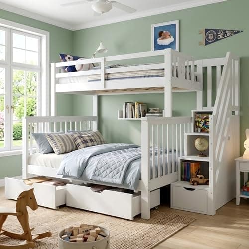 Image of Miyemo Bunk Bed for Kids, Triple Sleeper Bed Frame with Storage Drawers & Storage Stair, Triple Bunk Beds for Family with Multiple Children, 90+135x190cm, White, (No Mattress)