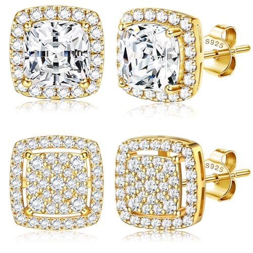 Image of Dochais 2Pairs Cubic Zirconia Stud Earrings for Men Women, 14K Gold Plated Hypoallergenic 925 Sterling Silver Post Earrings Set, Iced Out Round & Square CZ Studs, Simulated Diamond Halo Earring