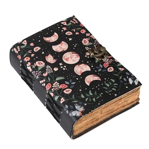 Image of AH AMYRA HANDICRAFT Blank Spell Book of Shadows Journal with Lock Clasp Handmade Vintage Leather Journal Moon Phase Print Diary Prayer Pagan Witchcraft Supplies Wiccan Decor Notebook Daily (MOON 2)