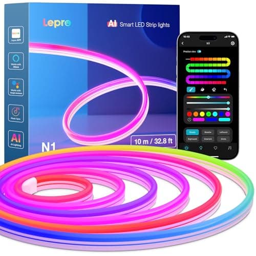 Image of Lepro N1 AI Smart Neon Rope Light 10M RGB+IC, Works with Alexa & Google Assistant, Music Sync LED Lights for Bedroom, App Voice Control, Personalized AI Lighting Designer, IP65 Waterproof, No Remote