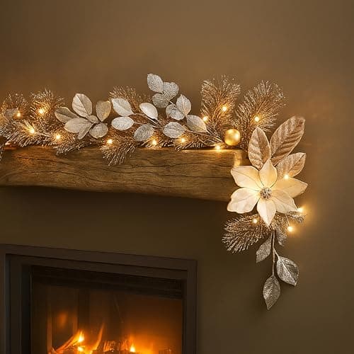 Image of Marco Paul 9ft Luxury Gold & Silver Glitter Pre Lit Christmas Garland with Poinsettia Flowers Bright & Warm White LED Battery Powered Indoor Christmas Decor for Fireplace & Staircase Frontdoor