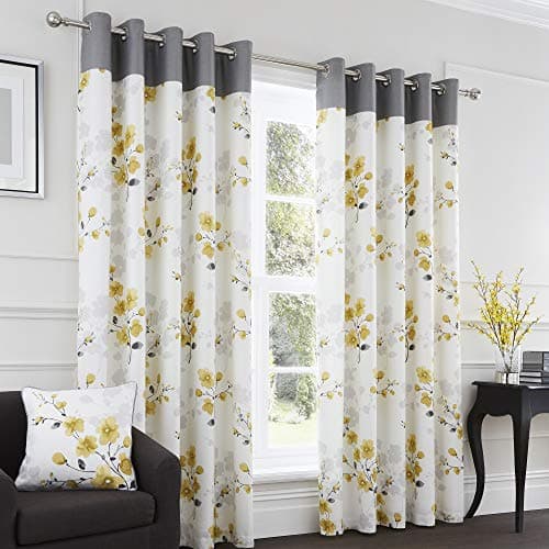 Image of Fusion Paige Watercolour Floral 100% Cotton Eyelet Lined Curtains, Ochre, 66 x 72 Inch