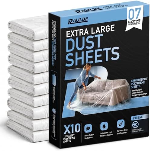 Image of 12x10FT 10 Pack Extra Large Plastic Dust Sheets for Decorating - 3.6M x 3M- Plastic Dust Sheets for Painting - Clear Plastic Sheet for Furniture & Floor - Polythene Sheeting - Decorating Sheet -RAULDE