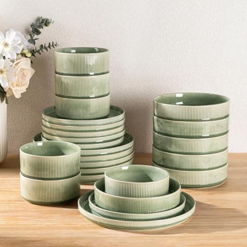 Image of GBhome Stoneware Dinner Sets with Pasta Bowls for 6 People, 24 Pieces Reactive Glaze Handcrafted Plates and Bowls Set, Scratch Resistant Dinnerware Set, Dishwasher & Microwave Safe, Light Green
