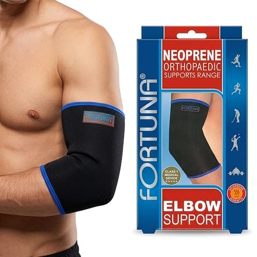 Image of FORTUNA Neoprene Elbow Support Brace – Compression Sleeve Strap for Tennis, Golf, Weightlifting, Sports Injury Recovery & Pain Relief – Elbow Support for Men & Women (Large)