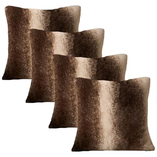 Image of OHS Faux Fur Cushion Covers, Striped Shaggy Fluffy Cushion Covers 45 x 45 cm Textured Super Soft Fleece Chair Sofa, 18" x 18" - Pack of 4, Natural Brown