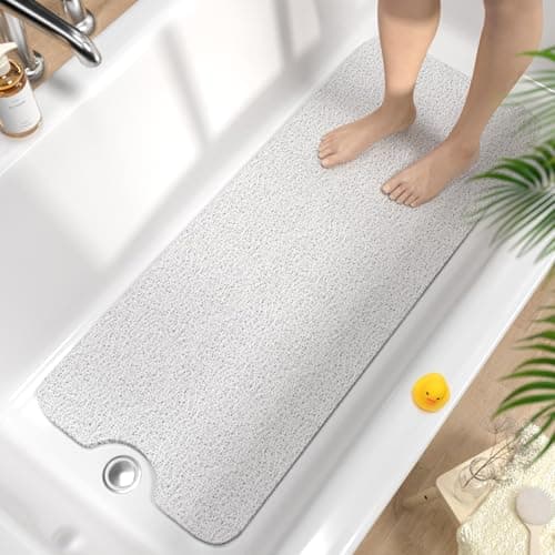 Image of HITSLAM Non Slip Bath Mat 100 x 40 cm, Extra Long Shower Mats for Inside Shower, Soft PVC Loofah Bathtub Mat with Drain, Quick Drying shower mat for Wet Area, Without Suction Cup, White