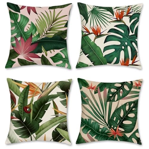 Image of Bonhause Tropical Leaves Cushion Covers 45 x 45 cm Green Leaf Plant Decorative Throw Pillow Covers Polyester Linen Pillowcases for Sofa Patio Garden Outdoor Decor Set of 4