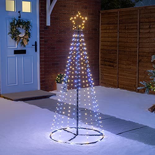 Image of Christow Maypole Christmas Tree, Light Up Outdoor Decoration, Flashing White and Warm White Micro LED Pyramid Light, Mains Operated (1.4m)