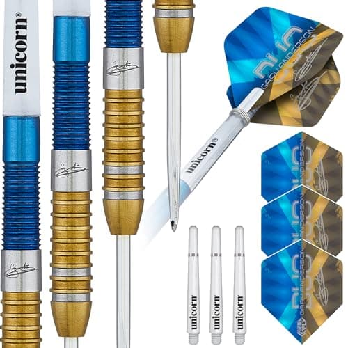 Image of Unicorn Professional Darts Set | Gary 'The Flying Scotsman' Anderson Duo | 90% Tungsten Barrels with Two-Tone Blue & Golden Titanium Coatings | Steel Tip Volute Points | 23 g