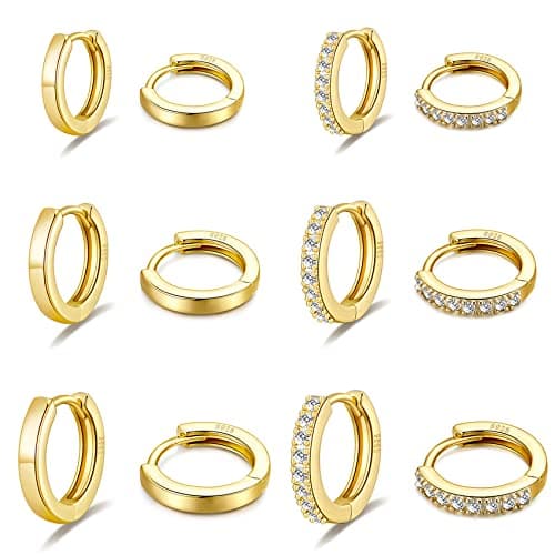 Image of PRETOLE Gold Earrings, 6 Pairs Plated Tiny Mini Hoop Earrings with CZ Stones, 8/10/12MM, Lightweight Hypoallergenic
