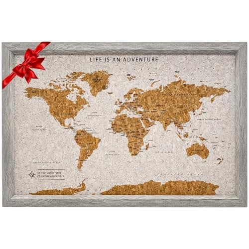 Image of Splosh Framed Travel Map - Grey Small Wooden Pin Board with 100 Pins. Travel Map Cork Board. Wooden World Map, Corkboard Map Travel Gift. Mark your fast & future adventures!