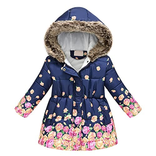 Image of Kids Girls Winter Coat Faux Fur Hooded Windproof Jacket Fleece Liend Padded Thick Warm Parka Outerwear Outdoor Overcoat Cotton Coats Jackets Navy Flower 10-11 Years