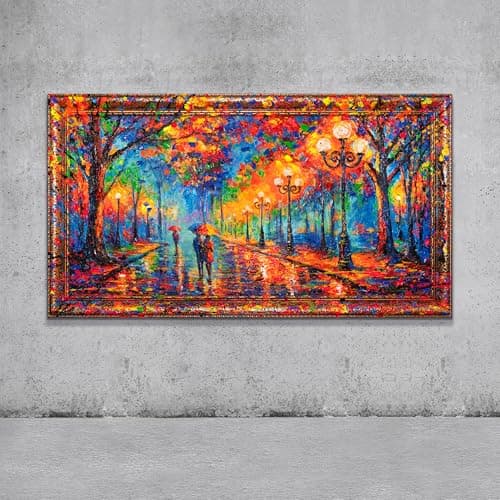 Image of YS-Art Original Handmade Painting Acrylic on Canvas with Romantic Rainy Night Park Scene, Wall Art Colorful Cityscape with Street Lights and Couple 56x28 inches