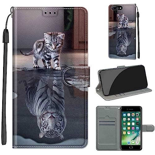 Image of for iPhone 7 Plus 8 Plus Case, PU Leather Wallet Book Flip Folio Stand View Cover Pouch Compatible with iPhone 7 Plus 8 Plus Phone Case (Cat and Tiger)