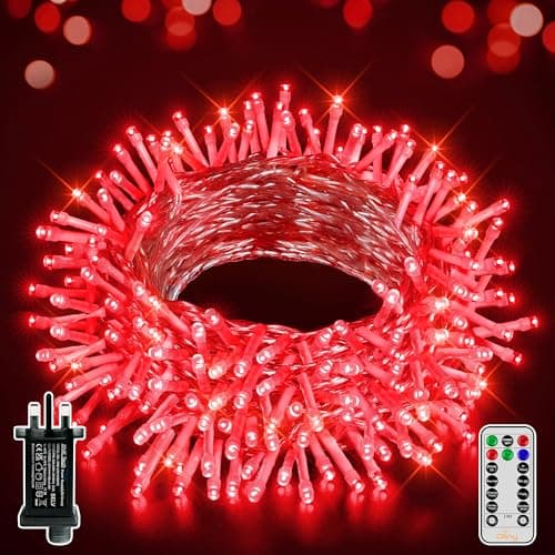 Image of Ollny Christmas Tree Lights, 20m 200 LED Outdoor Fairy Light Mains Powered, Waterproof Red String Light with Plug,Remote/8 Modes/Timer, Bright Lighting Indoor/Outside/Garden/Xmas Decorations