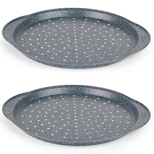 Image of Russell Hobbs Nightfall Stone Set of 2 Large Pizza Trays - 14.5" Pizza Pans, Non-Stick Round Baking Trays, Carbon Steel, PFOA Free, Perforated Base for Crispy Cooking, Ideal for Pizza's, Garlic Bread