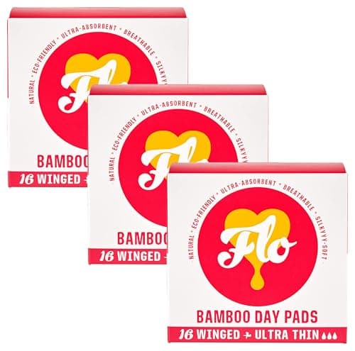 Image of FLO Organic Bamboo Sanitary Pads with Wings - Silky Soft, Ultra- Absorbent Biodegradable - Ultra-Thin Day Pads Pack - 16 Count (Pack of 3)