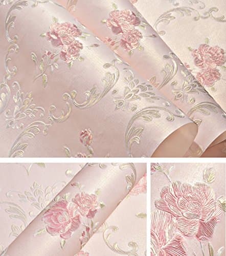 Image of Embossed Rose Floral Contact Paper Self Adhesive Non-Woven Wallpaper Peel and Stick Wall Decor for Girls Living Room Bedroom Kitchen Bathroom Wall (Pink, 53cm x 3m)