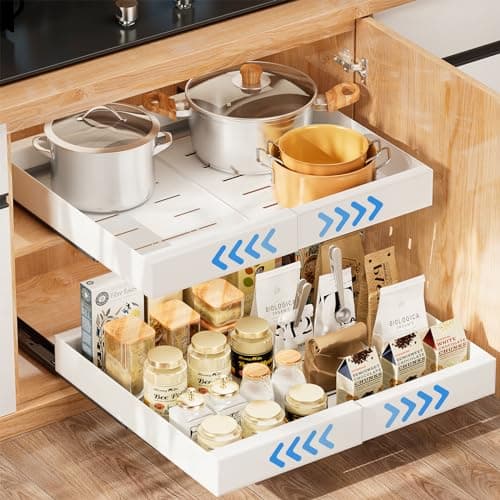 Image of Mutool Pull Out Cabinet Organizer - Extendable Sliding Drawer, Heavy Duty Slide Out Storage Shelf with Adhesive Nano Film for Kitchen, Pantry, Bathroom, Under Sink Storage (White)