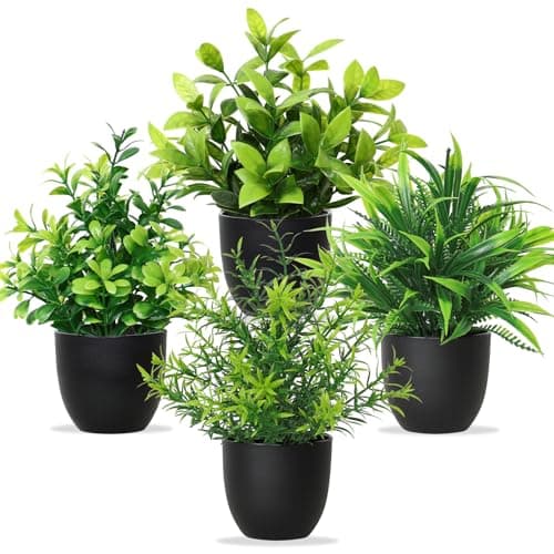 Image of Betylifoy Artificial Potted Plants Mini 4PCS Small Fake Plants Greenery Indoor Decor Eucalyptus Plant Faux Plastic Plants for Office Home Bedroom Living Room Bathroom Desk (4, Black pot)