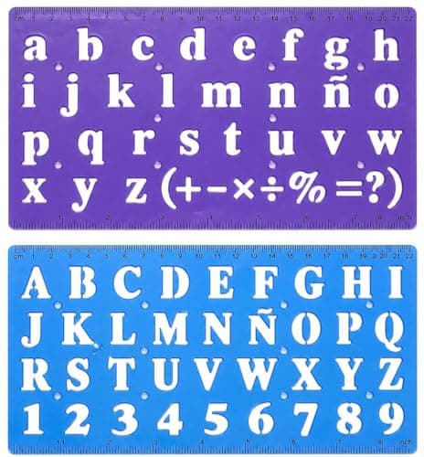 Image of 2 Alphabet Letter & Number Stencils – Upper & Lowercase Lettering Templates – Reusable Plastic Craft Stencils for Sign-Making, Arts & Crafts, Scrapbooking & Journaling – 22.9x13cm - Ruler Edge