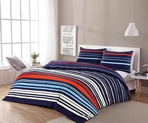 Image of Homespace Direct Pedro Multi Stripe Duvet Cover Set Bedding Blue/Red Modern Single