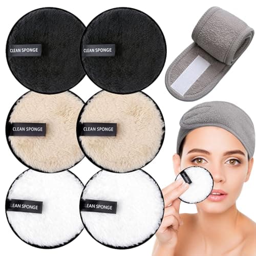 Image of KEYRI 7 Pack Makeup Remover Pads Reusable Make Up Pads with Spa Headbands Large Double Sided Face Pads Washable Facial Towel Microfibre Cotton Face Eyes Cleansing Cloths for All Skin Type (7 Pieces)