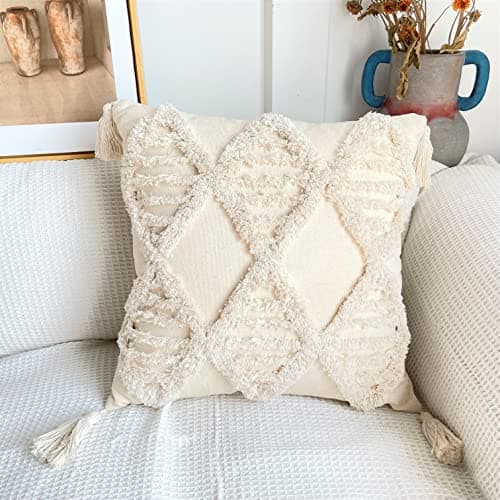 Image of RKAAS HOME Boho Tassel Style Tufted Decorative Square Cushion Covers for Living Room Sofa Couch Bed 45cm x 45cm 18x18 Inches (Pack of 1 - Design 3)
