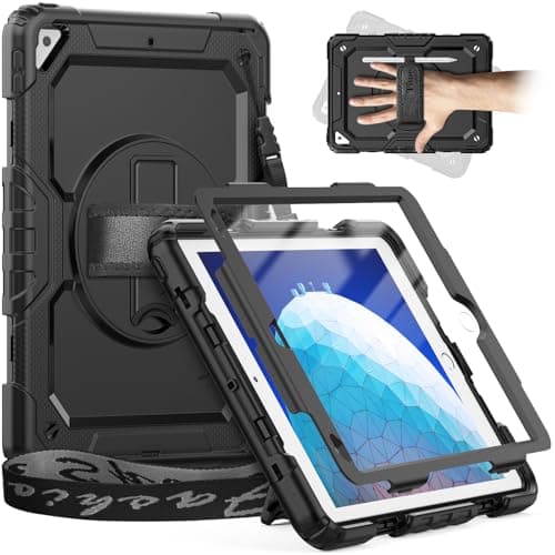 Image of Timecity Case for iPad Air 3/ 3rd generation 10.5 inch 2019, for iPad Pro 10.5 2017 with Screen Protector, 360° Rotating Stand, Hand Strap and Shoulder Strap, Pencil Holder for Kid Cover - Black