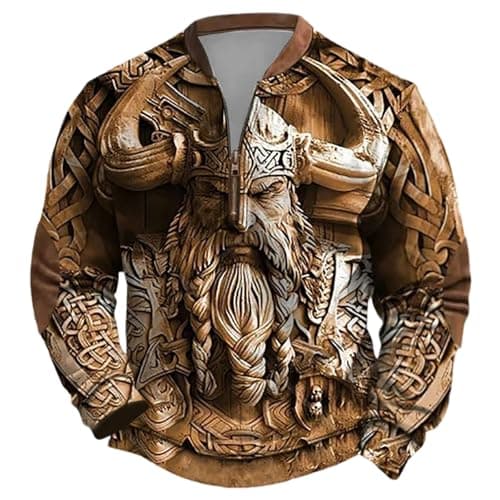Image of Generic Men's Sweater Outdoor Half Zip Sweatshirt Nordic Mythology Viking Tattoos Hoodie, Men's Gothic Medieval Vintage Plus Size Streetwear, Soft Warm Work Jumper, khaki, XL