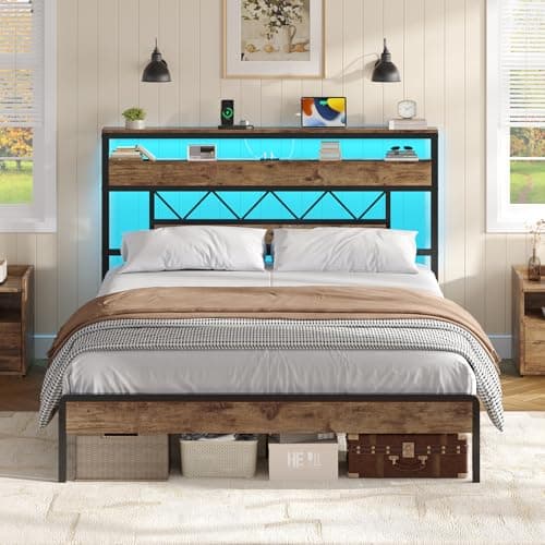 Image of Double Bed Frame 135 x 190 cm with LED Lighting, Headboard with Sockets, 4FT6 Double Metal Bedframe with 2 Open Shelves, Solid and Stable, Noise Free, No Box Spring Required, Easy Assembly, Brown