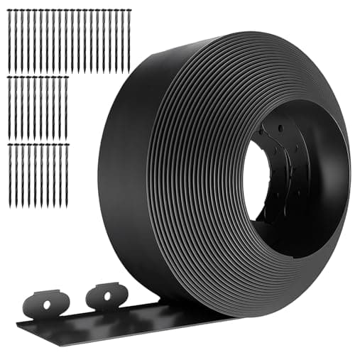 Image of GreenWhim Garden Edging Border 32ft 10M Plastic Flexible Lawn Edging 6CM High with 40 Securing Pegs for Landscaping Flower Beds and Garden Borders (Black)