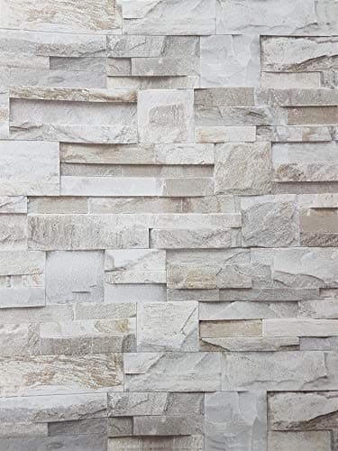 Image of 3D Slate Stone Brick Effect Wallpaper Grey Beige Realistic Textured Vintage