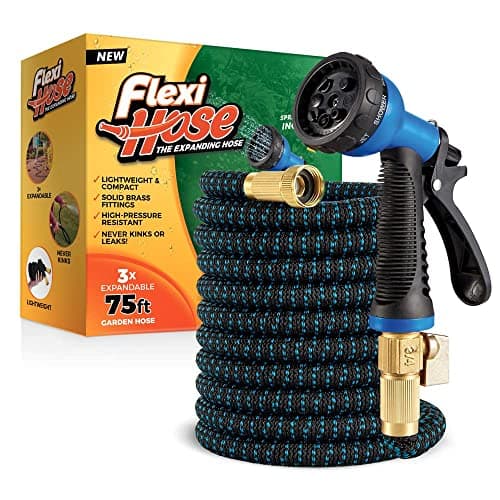 Image of Flexi Hose with 8 Function Nozzle, 75FT - Lightweight Expandable Garden Hose, No-Kink Flexibility, 3/4 Inch Solid Brass Fittings and Double Latex Core