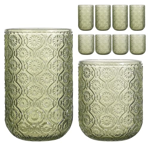 Image of WeirdUncle Set of 8 Vintage Embossed Glassware,4 Highball Glasses 14oz & 4 Rocks Drinking Glasses 9oz, Art Deco, for Wine, Water, Cocktail, Juice, Whiskey, Gift (Green)