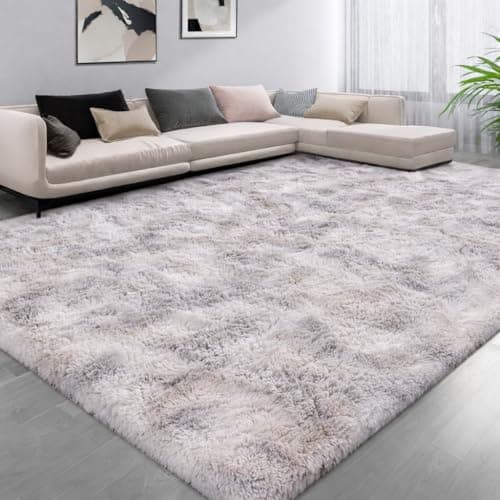 Image of Aspire Homeware Rugs Living Room - Tie-Dye Light Grey Area Rugs for Bedroom Anti Slip - Modern Super Soft Plush Carpets for Lounge – Fluffy Shaggy Bedside Runner Rug for Kids Room, 80cm x 150 cm